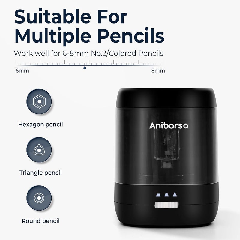 Aniborsa Electric Pencil Sharpener, USB & Battery Operated, Adjustable Nibs, Automatic Pencil Sharpener for Kids, Classroom, School, Home, Office, Black - Image 3